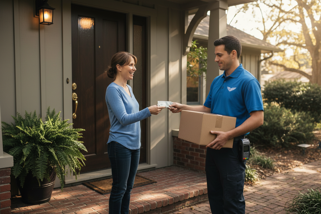 creame una imagen dodn euna persona este recibidneo su producto en la puerta de su casa y este pagando en elefectivo 