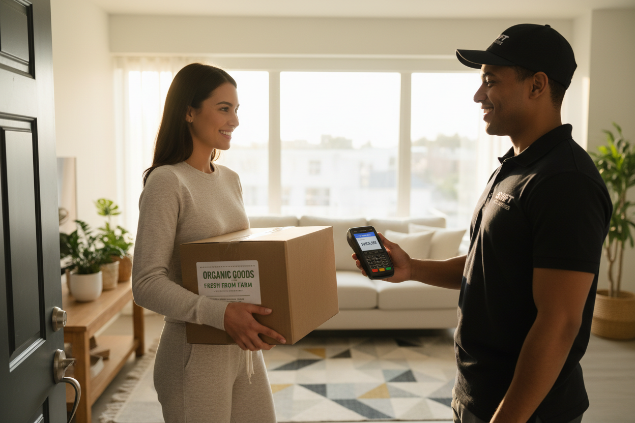 dame un imagen de una persona recibidnedo y pagando u nproducto desde su casa